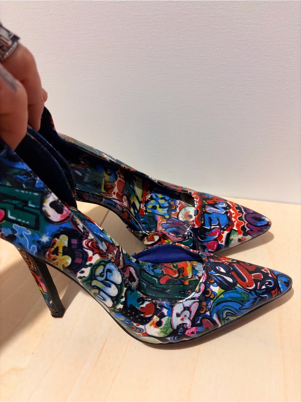 Shoe Republic LA Multicolor Graffiti Print Pointed Toe Stilettos